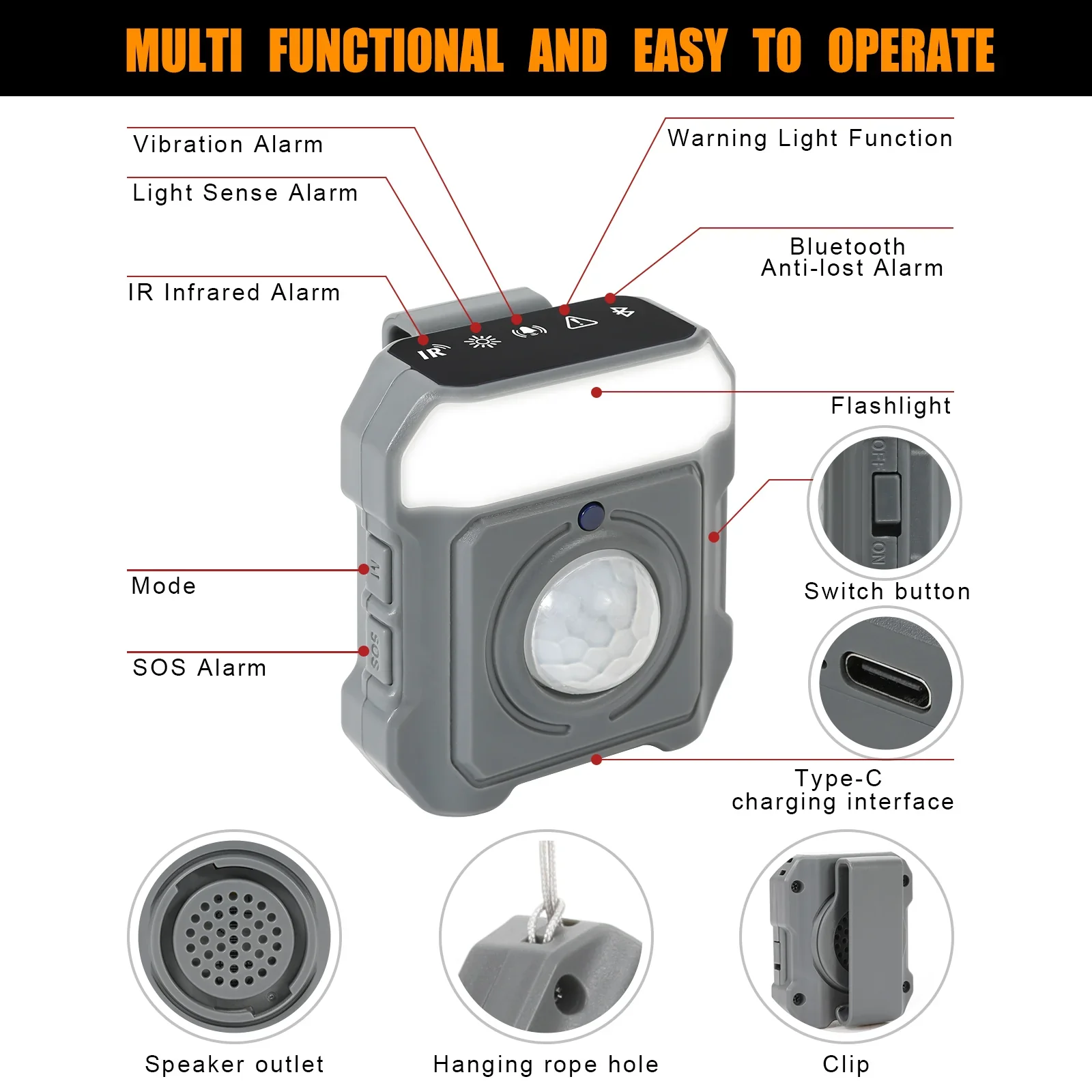 7-in-1 Multi-Functional Personal Alarm: Ultimate Safety for Dog Walks (Grey) - Image 5